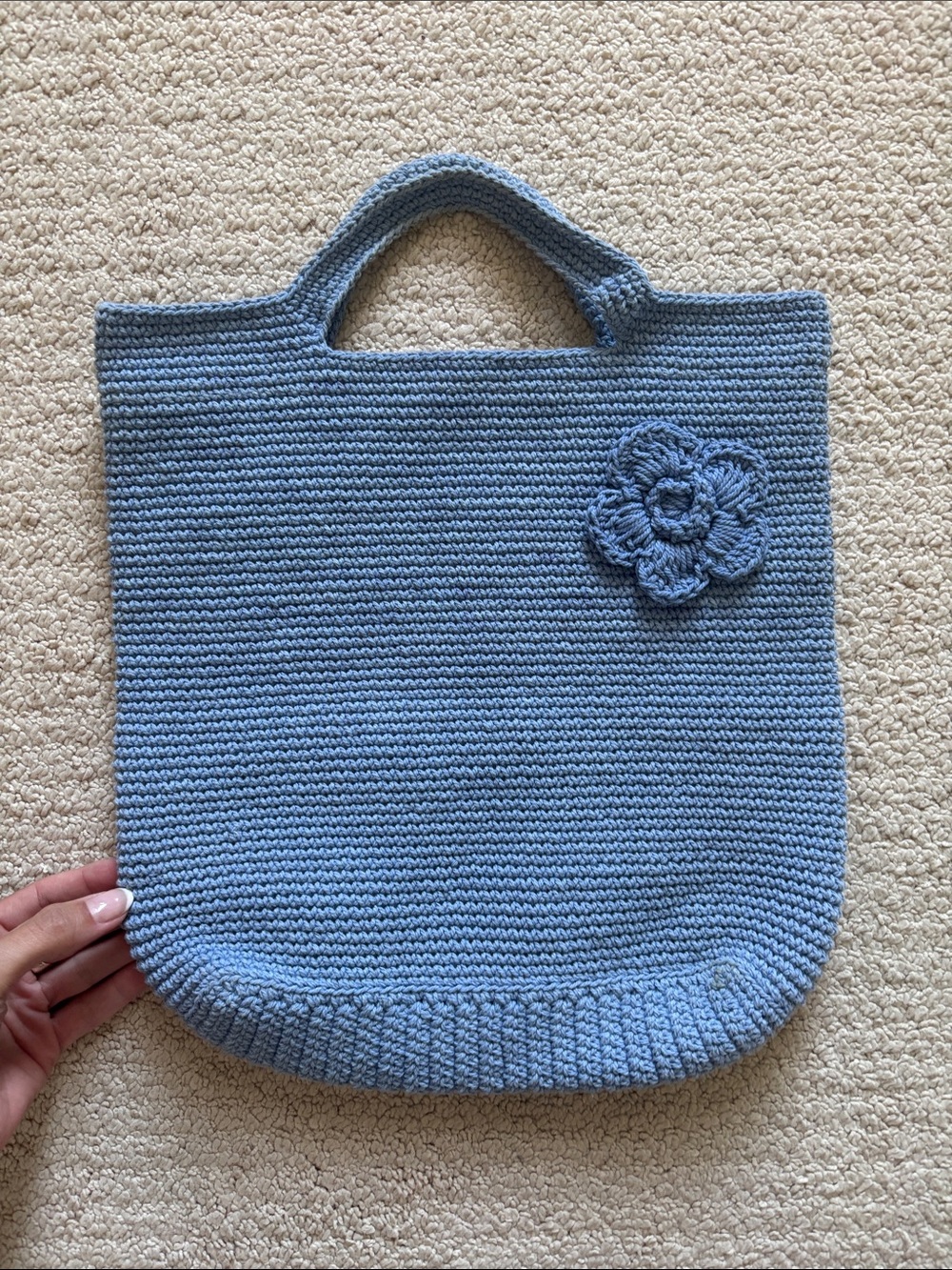 Adorable Handmade Blue Crochet Tote Bag with Flower Accent
